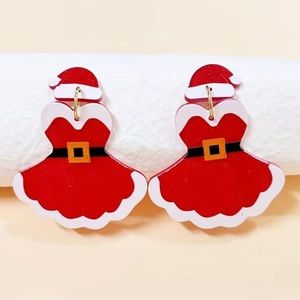 NWT Mrs Claus Red Dress Acrylic Earrings Dangling Christmas Red Glitter Hat